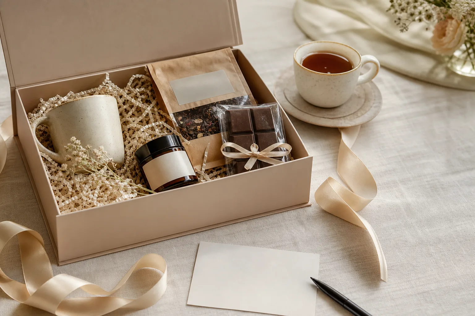 Elegancki box urodzinowy dla dziewczyny z herbatą, czekoladą i kartką